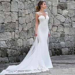 2023 Elegant Satin Wedding Dress White Mermaid Dresses for women With Lace Plus Size vestidos de Boho Dress Beach Grows Bridal Gowns 276w