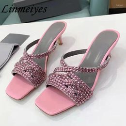 Slippers Kitten Heels Women Sexy Crystal Slides Shoes Woman Square Peep Toe Mules Summer Thin