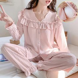 Home Clothing 2024 Spring Long Sleeve Cotton Sexy V-neck Pyjama Sets For Women Korean Cute Sleepwear Pyjama Homewear Pijama Mujer Clothes