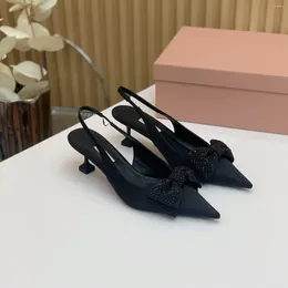 Dress Shoes Casual Designer Fashion Women Office Lady Genuine Leather Black Pointy Toe Bow Crysta Slingback Zapatos Pumps Prom Evening