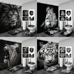 Shower Curtains Lion Leopard And Tiger Animals 3D Printed Bathroom Curtain Set Toilet Lid Cover Black Animal Bath Mat Rugs