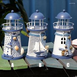 Candle Holders 1PCs Creatives Mediterranean Lighthouse Iron Candlestick Blue White Candles Rack Stand Home Table Decor