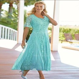 2019 Elegant Tea Length Lace Mother Of The Bride Dresses Scoop Neck Wedding Guest Dress With Sleeves A Line Plus Size Formal Gowns 152d