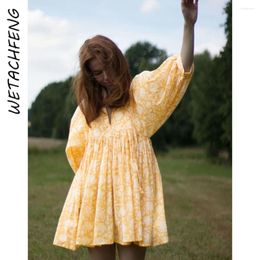 Party Dresses Casual Loose A-Line Floral Women's Dress Summer Lantern Sleeve Yellow Mini Flower Printed Club Beach Boho Female Vestidos