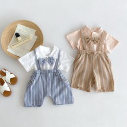 Clothing Sets 22306 Baby Boy Summer Suit 2024 Bow Tie Shirt Striped Suspenders Pant Boy's Two Piece