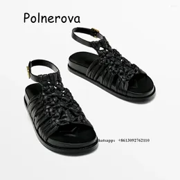 Sandals Black Leather Knit Flat With Women's Shoes Back Strap Metal Buckle Summer Casual Elegant Ladies Fashion Roman