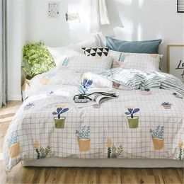 Bedding Sets 4 Piece Potted Plants Set Cactus Printed Duvet Cover Cotton Pale Yellow For Teens Girls