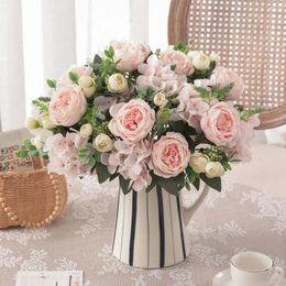 Decorative Flowers Artificial Simulation Flower Bunch Silk Hydrangea Peony Fake Plastic Wedding Hand Road Bouquet