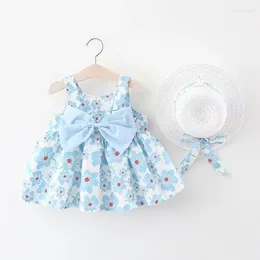 Girl Dresses 2Piece Dress Sets Summer Toddler Clothes Korean Fashion Flowers Cute Bow Sleeveless Princess Baby Sunhat Kids