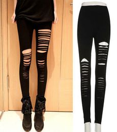 Sexy Women Goth Punk Slashed Ripped Cut Out Slit Stretch Pants Leggings Black Hold Women Pencil Leggings4574311