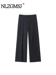 Women's Pants Nlzgmsj 2024 Women Pleated Suit Contrasting Colors Waist Street Casual Wide Leg Trousers Loose Straight Pant