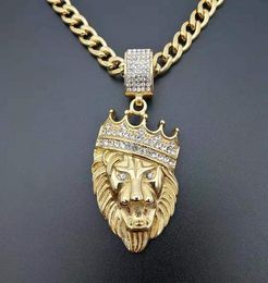 Hip Hop Rhinestones Paved Bling Iced Out Stainless Steel Crown Lion Pendant Necklaces for Men Rapper Jewellery Drop 8499546