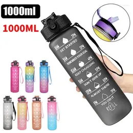 Water Bottles 1000ml Sports Bottle Leakproof Plastic Frosted Cup BPA-Free Portable Drinking With Time Scale For Fitness Cycling