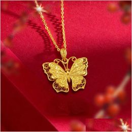 Pendant Necklaces Real 18K Gold Hollow Butterfly Necklace Lavicle Chain For Women Bride Pure 999 Chains Fine Jewelry Gifts 231012 Drop Dhyop