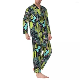 Home Clothing Retro Desert Pyjamas Set Cactus Print Cute Sleepwear Man Long Sleeves Vintage Night 2 Piece Nightwear Large Size 2XL