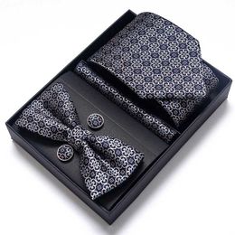 Neck Tie Set Jacquard High Grade Nice Handmade Bow Tie Handkerchief Pocket Squares Cufflink Set Necktie Box Gold Paisley Fit Workplace