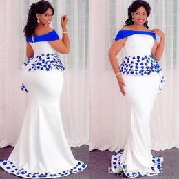 Aso Ebi Styles Mermaid Evening Formal Dresses with Peplum 2019 Off Shoulder Lace Floral African Nigerian Occasion Prom Party Gown 236C