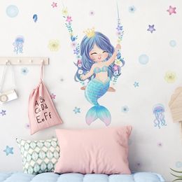 Cute Cartoon Mermaid Swinging Jellyfish Wall Stickers for Baby Girls Room Kids Decals Nursery Living Decor 240426