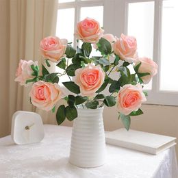 Decorative Flowers Rose Flower Bouquet Artificial Pink Red Wedding Decoration 9 Heads Silk Fake Roses Flores Home Decor Bunch
