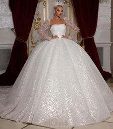 2024 Shiny Sequins Wedding Dresses Detachable Long Sleeve Strapless Beading Puffy Bridal Bride Gowns Vestido De Noiva Casamento Customed