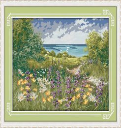 Cliffside path seaside scenery home decor painting Handmade Cross Stitch Embroidery Needlework sets counted print on canvas DMC 14694202