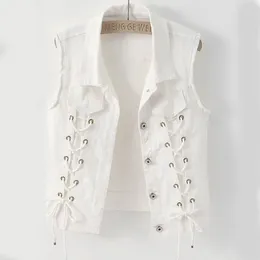 Women's Vests Sleeveless Vest Spring And Autumn White Denim Waistcoat Fashion Lace-Up Black Short Jackets Jeans Coats Outerwear