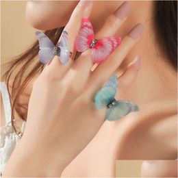 Band Rings 3 Pcs/Set Cute Yarn Fabric Mticolor Insect Butterfly For Women Gold Color Metal Adjustable Opening Ring Girls Jewelry Dro Dhjfh