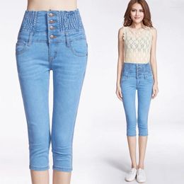 Women's Jeans Women Summer Knee Length Pants High Waist Button Female Tight Elasticity Small Korean Version Cuffs Was Thin