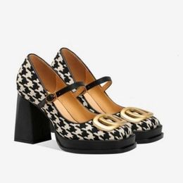 Designer Vintage Houndstooth Mary Jane Chunky Heeled Square Toe Sandals Gentle Girl Mid Heels Buckle Strap High Heel Women Shoes