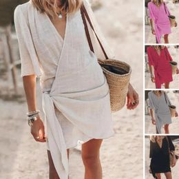 Party Dresses Summer Women Dress Half Sleeves V Neck Lace-up Cross Wrap A-line Solid Colour Soft Breathable Thin Casual Vacation Beach Mini