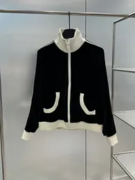 Women's Jackets Classic Black Velvet Baseball Jacket For Women High Quality Turtleneck Zip-Up Patchwork Striped Long Sleeve Casual Coat
