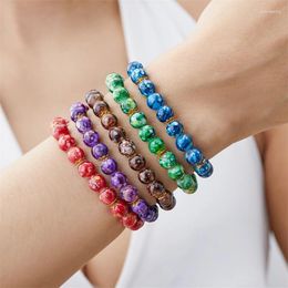 Charm Bracelets 8mm Colour Patterned Beaded Bracelet For Women Men Fashion Simple Acrylic Elastic Adjustable Handmade Chain Jewellery