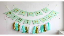 Shiny Gold Letters Happy Birthday Mint Green Bunting Banner 15 pcs DIY Kits Tissue Paper Garland Tassel Party Decoration Kit2010939