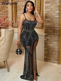 Urban Sexy Dresses year Luxury Christmas Crystal High Split Bodycon Spaghetti Strap Formal Maxi Dress Women Club Birthday Party Banquet Robe T240510