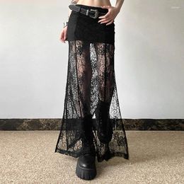 Skirts Skirt Sexy Black Tulle Ankle-Length Hollow Out Lace Floral Retro High Side Slit