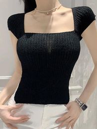 Women's T Shirts WOMENGAGA Korea Slim Sexy Spicy Girl Square Neck Open Back Lace Up Knitted Short Sleeved T-shirt Top For Tees Sweet 2024