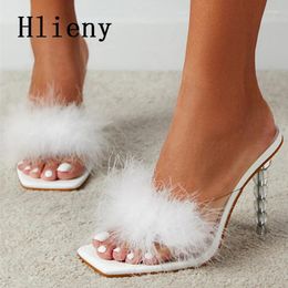 Slippers Hlieny Fashion Fluffy Feather PVC Transparan Strange Style Perspex Clear High Heels Square Toe Women Sandals Shoes
