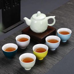 Teaware Sets Candy Color Ceramic Carving Flower Tea Set Chinese Gift Kungfu Wine Separator Glass Coffee Cup Pot With Handle