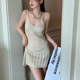 Casual Dresses Knitted Camisole Dress 2024 Women Summer Sexy Spicy Girl Elegant Deep V-neck Chic Design Niche Slim Fit Hip Wrapping Short