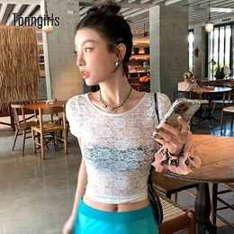 Women's T Shirts Tonngirls Vintage Lace Shirt Women Short Sleeve Y2k Crop Tops See Through Streetwear Skinny Tee Summer Tshirts