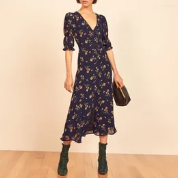 Party Dresses Front Slit Sexy For Women 2024 Elegant Midi Dress V Neck Ruffle Edge Puff Sleeve Vintage Floral Print Summer