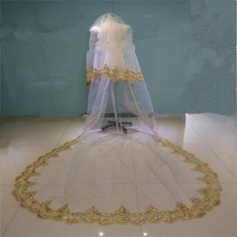 Gold Wedding Veils Sequin Luxury Cathedral Bridal Veils Applique Lace Edge Two Layers Custom Made Long Wedding Veil Fast Shipping 2615