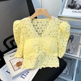 Women's Blouses 2024 Sexy V-Neck Chiffon Lace Women Summer Niche Puff Sleeve Short Top Versatile Temperament Commuter Tees Oversized