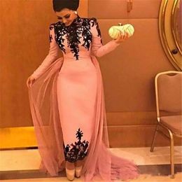 Vintage High Neck Ankle Length Sheath Evening Dresses with Long Sleeves black Lace Appliques Prom Dresses Formal gowns Vestidos Longo 2777