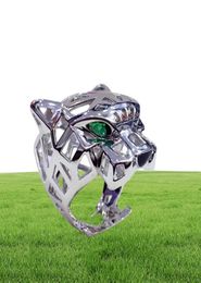 Luxury Green Eyes Zircon Leopard Head 925 Sterling Silver Finger Ring Panther Animal Hollow Party Wedding Silver Jewelry J011284473790939