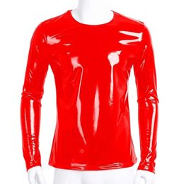 Plus Size Mens Glossy PVC T-shirt Erotic Sheath Latex Casual Coat Male Shiny Metallic Long-sleeved Leather Tops Sexi Catsuit Costumes