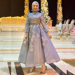 Classy Muslim Beaded 2022 Evening Dresses High Neck Appliqued Long Sleeves Prom Gowns A Line Tea Length Sequined Organza Formal Dress G 2677