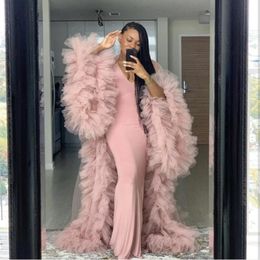 Chic Pink Illusion Ruffles Tulle Long Sleeve Women Winter Sexy Kimono Pregnant Party Sleepwear Women Bathrobe Sheer Nightgown Robe Shaw 207u