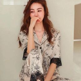 Home Clothing Rose Pyjamas Four-piece Set 2024 Ice Silk Ink Painting Style Comfortable And Loose Can Be Worn Outside Women's Clothes