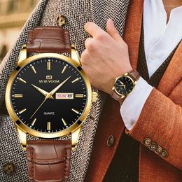 Wristwatches 2024 Top Class Men's Business Watch Leather Strap Fashionable Style Gold Black Classic Double Calendar Quartz